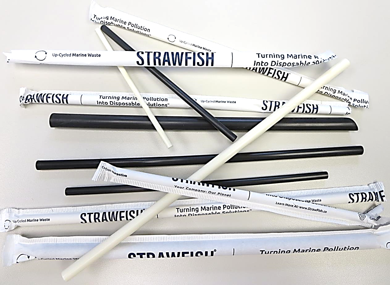 StrawFish® Biodegradable Straw portfolio featuring natural and black wrapped and unwrapped products